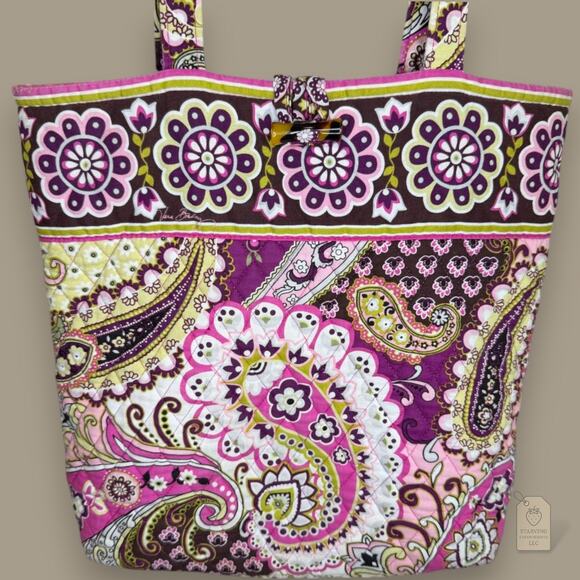 Vera Bradley Quilted Tote Bag Paisley Floral Pink Brown Yellow - Picture 2 of 6